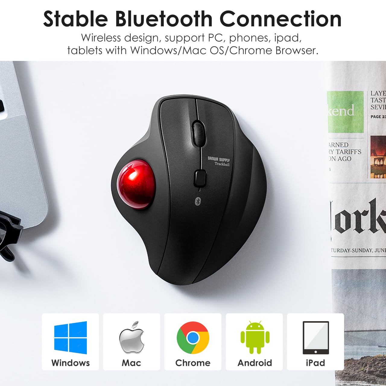 SANWA Mysz Trackball Bluetooth, bezprzewodowa, cicha, kulkowa, programowalna z oprogramowaniem, 600/800/1200/1600 DPI, precyzyjne sterowanie kciukiem, kompatybilna z Win, Mac, laptopem, PC, Red Ball