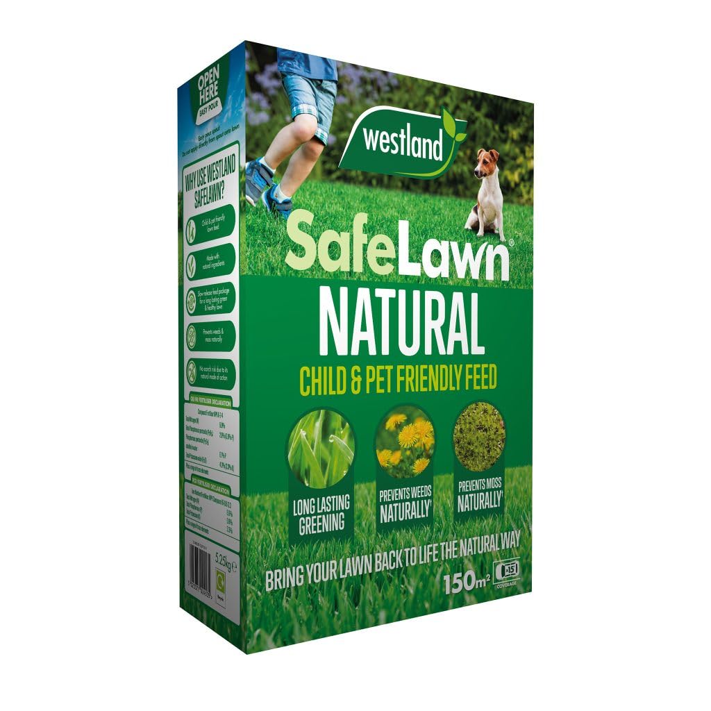 Westland SafeLawn 150m2 Box Child & Pet Friendly Lawn Feed NPK 6-2-4 Organic Base Spring Summer Autumn Grass Fertiliser Moss Weed Preventer Grass Seed Thickener Soil Treatment