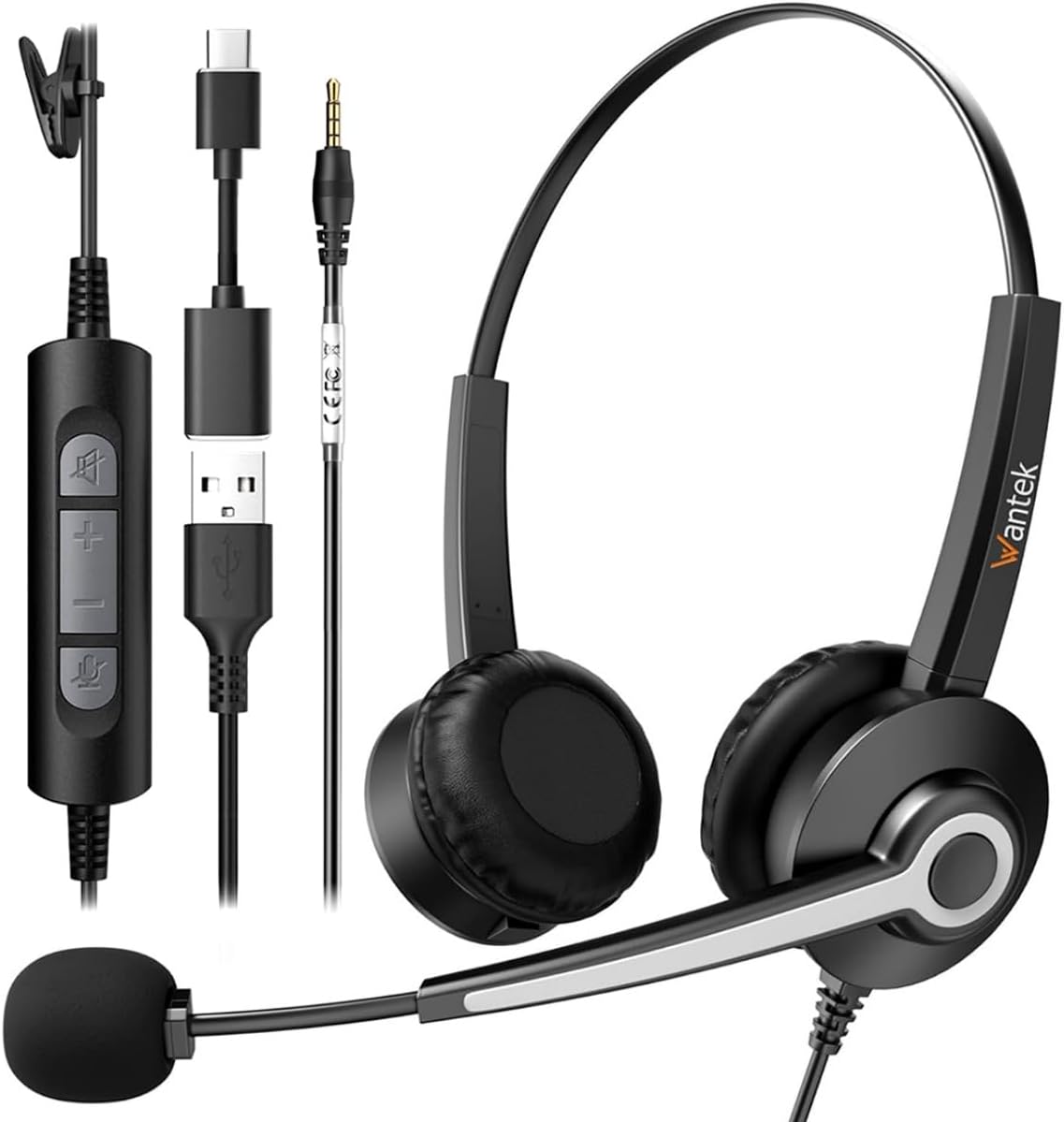 Wantek USB Headset with Microphone for PC, Computer Laptop Headset with Call Answer Button for MS Teams & IP Phones, Lightweight Design & Memory Foam Cushions for All-Day Comfort