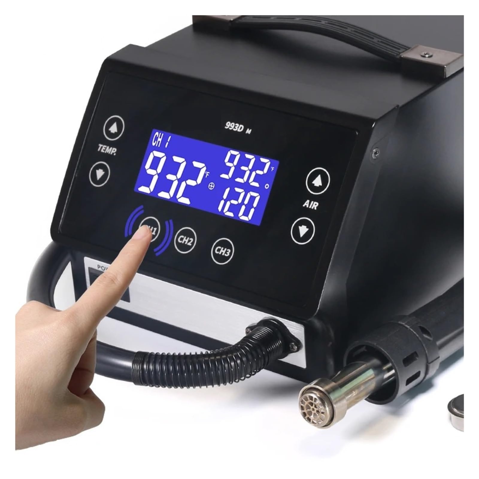 993DM Stazione di rilavorazione ad aria calda touch screen da 1000 W, ventilatore senza spazzole 3 canali,Giunzione Termica