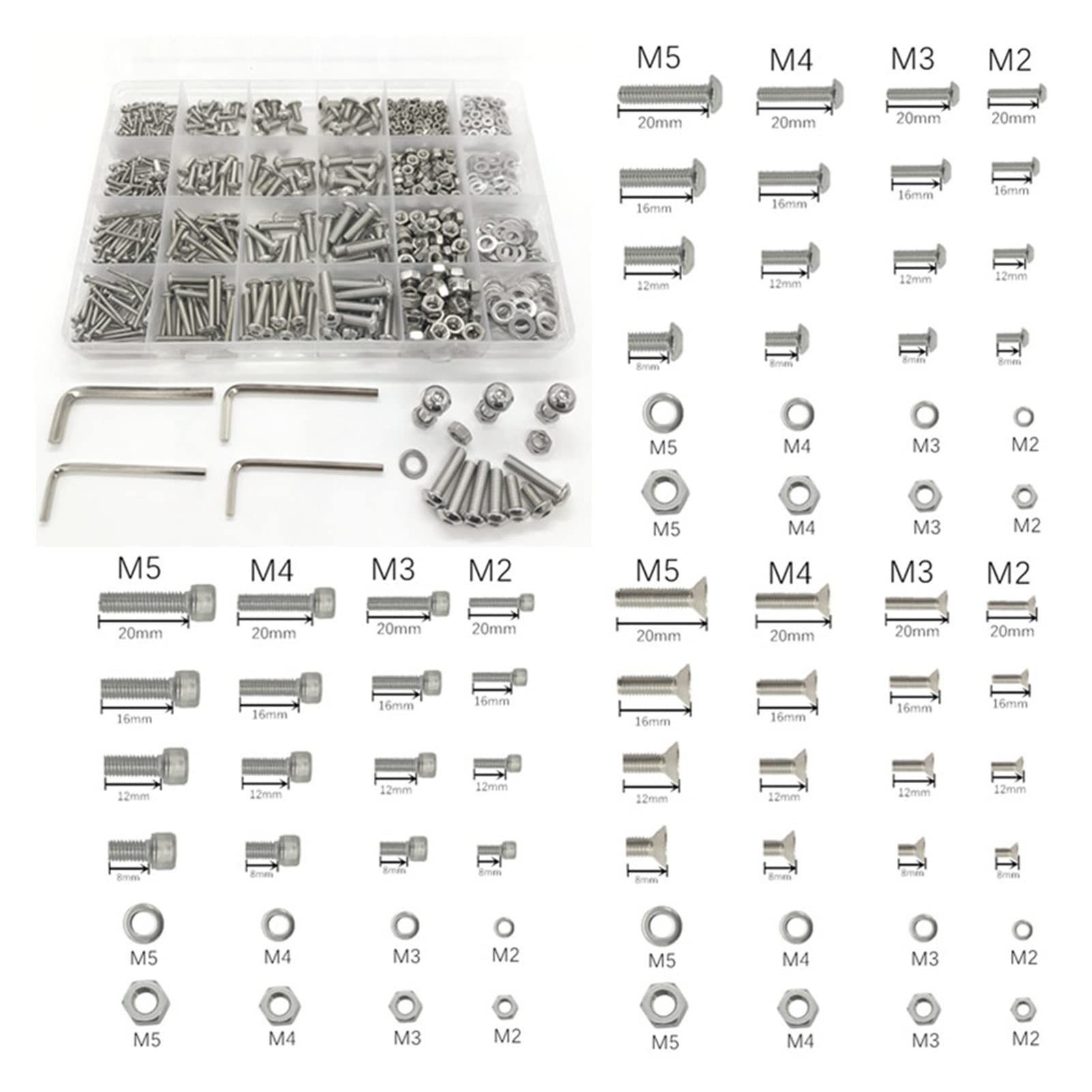 Youngran 880 Unidades/Caja de Cabeza Hueca Hexagonal Tornillo Conjunto M2 M3 M4 M5 304 Tornillos de Cabeza Hexagonal de Acero Inoxidable Redondo Plano Kit Surtido Leisurely