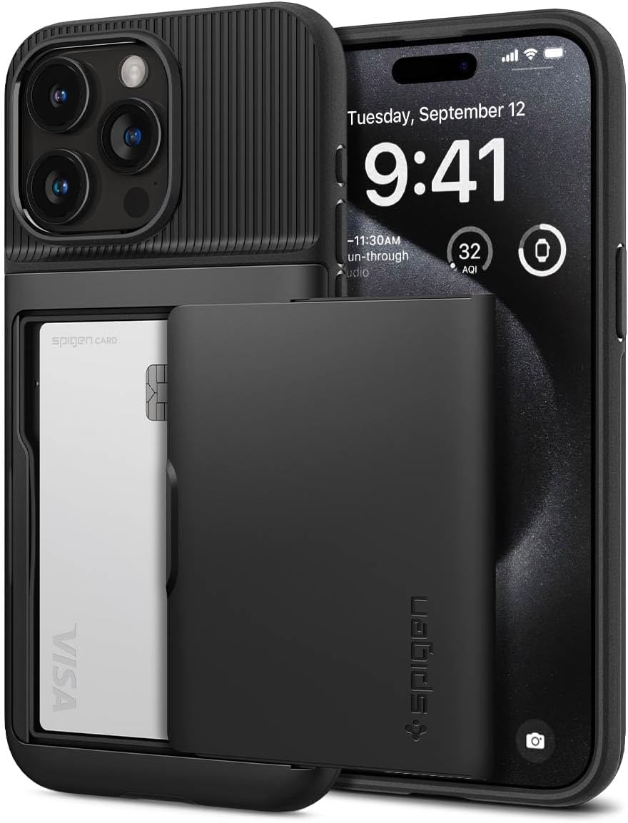 Spigen Slim Armor CS Back Cover Case for iPhone 15 Pro, Built-in Card Slot, Dual-Layer Protection - PC+TPU | Black