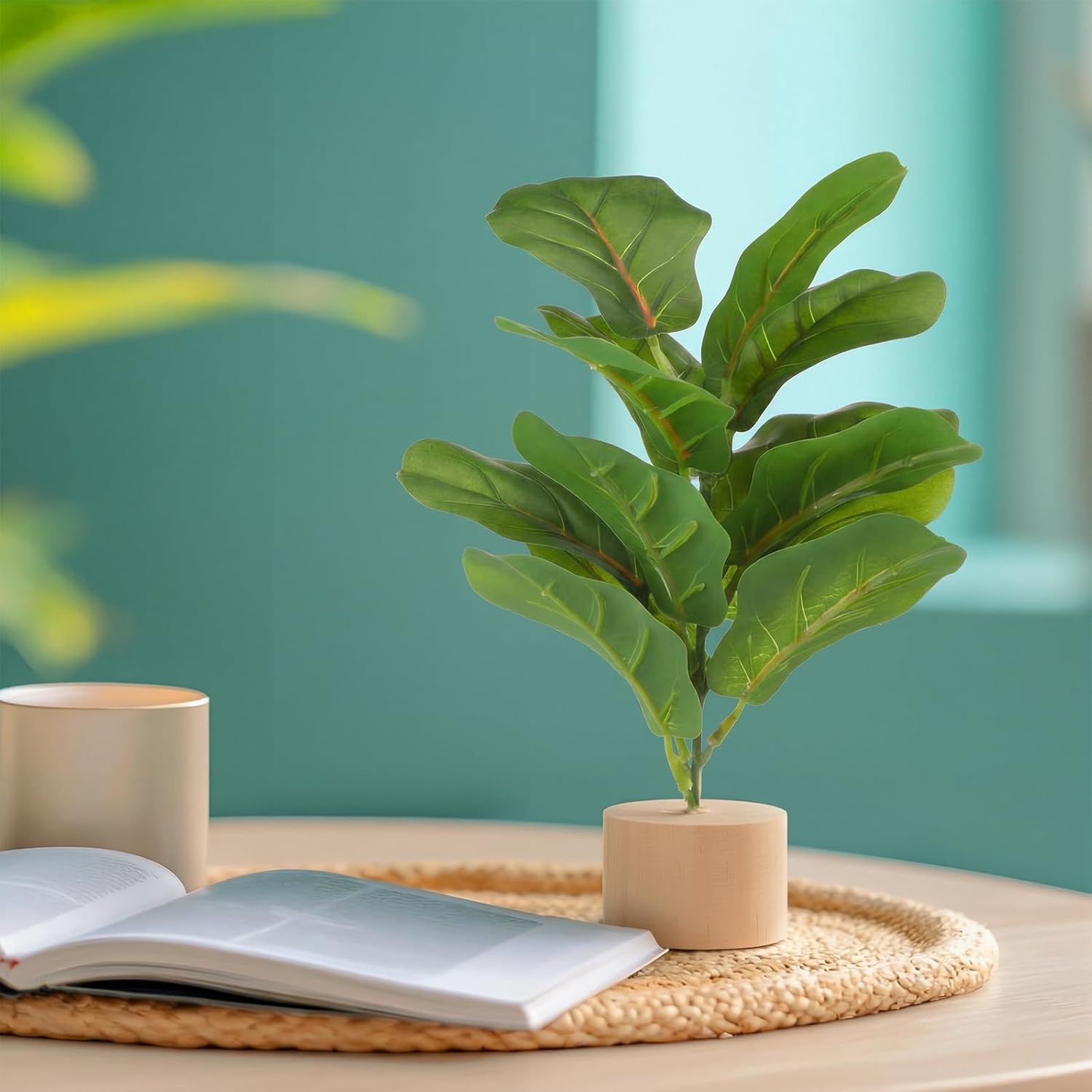 Soulchen 6 Pcs Artificial Fiddle Leaf Fig Tree Plants 12'' Mini Tabletop Tree Bough Decor Fiddle Leaf Fig Branch Faux Stem Village Desk with Base for Party Decorations Indoor Home Dining Table