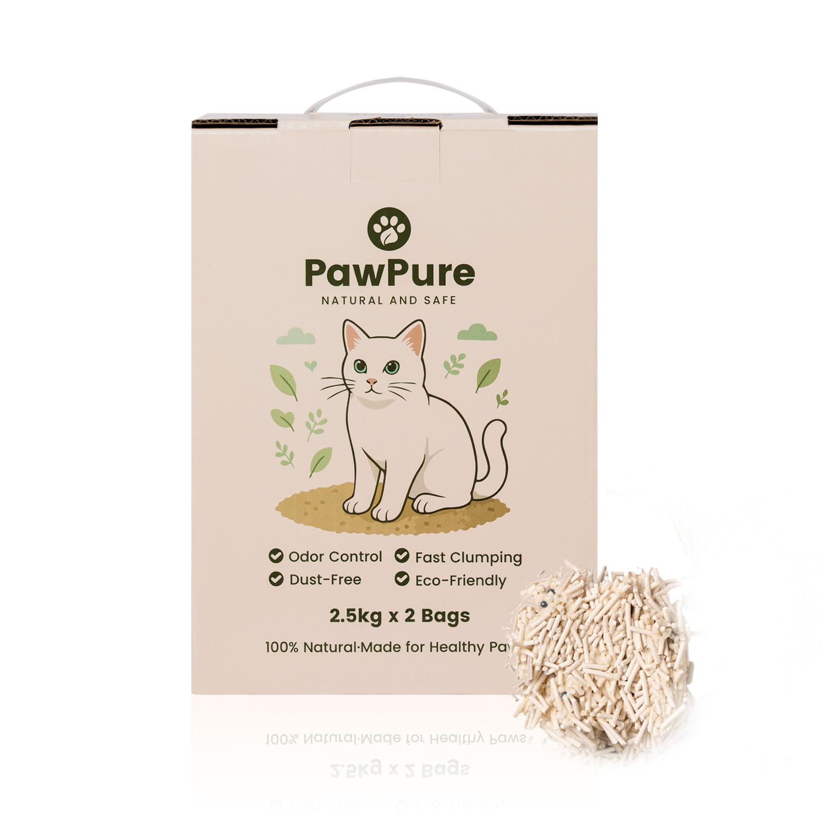 PawPure Natural Tofu and Cassava Cat Litter, Quick-Clumping, Effective Odor Control, Low Tracking Cat Litter Pellets, 2x2.5kg