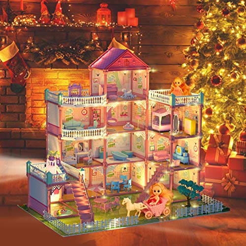 Lucky Doug Dollhouse Dreamhouse with 2 Dolls and Furniture Accessories, 2.6ft X 2.4ft Large Hard Cardboard & Plastic Doll House Pretend Play Building Toys for Girls Toddlers Boys