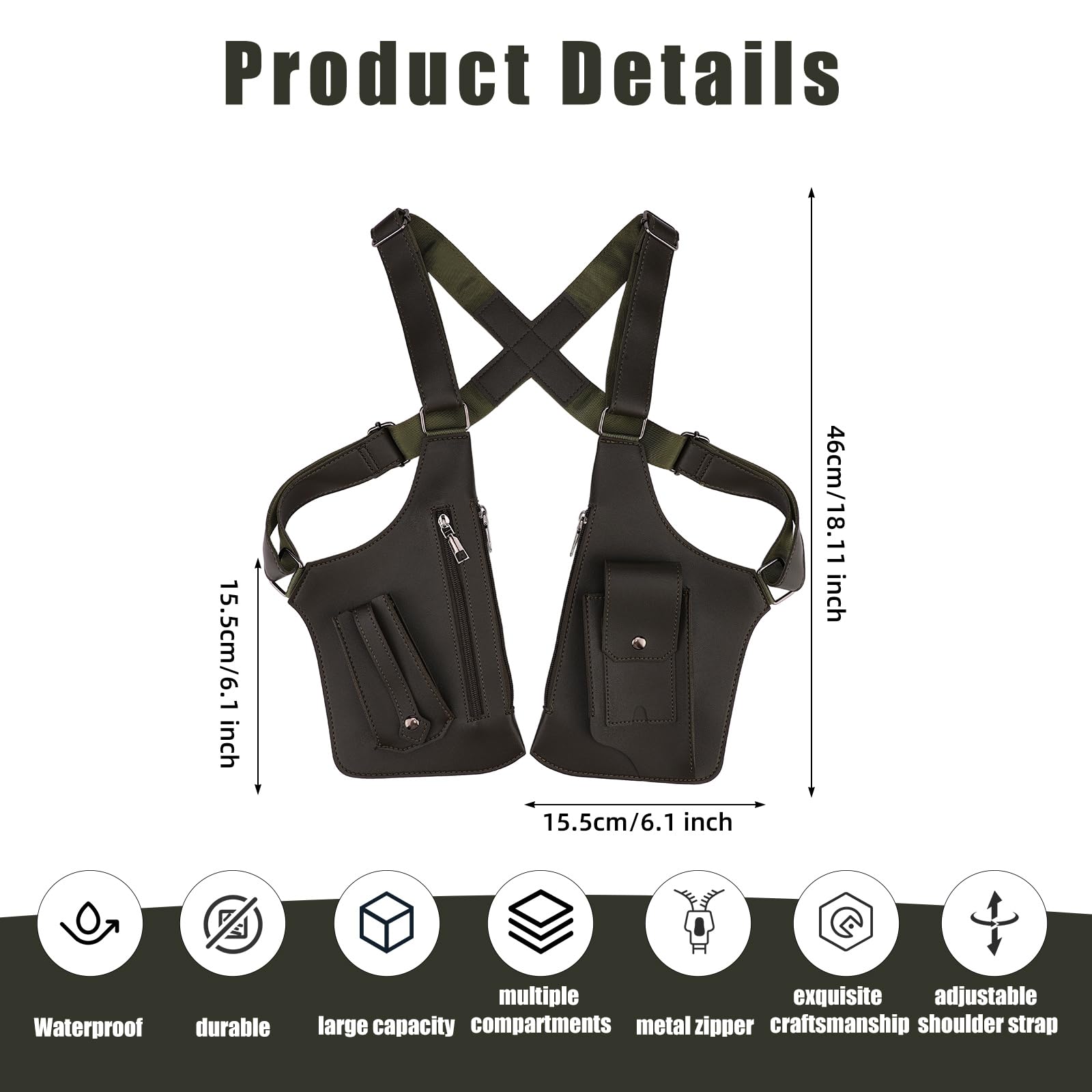 Sac Bandoulière Sous le Bras Homme, Sac à Bandoulière Double avec Sangle Réglable Étui Antivol pour Portefeuille Poche Téléphone (Vert Foncé)