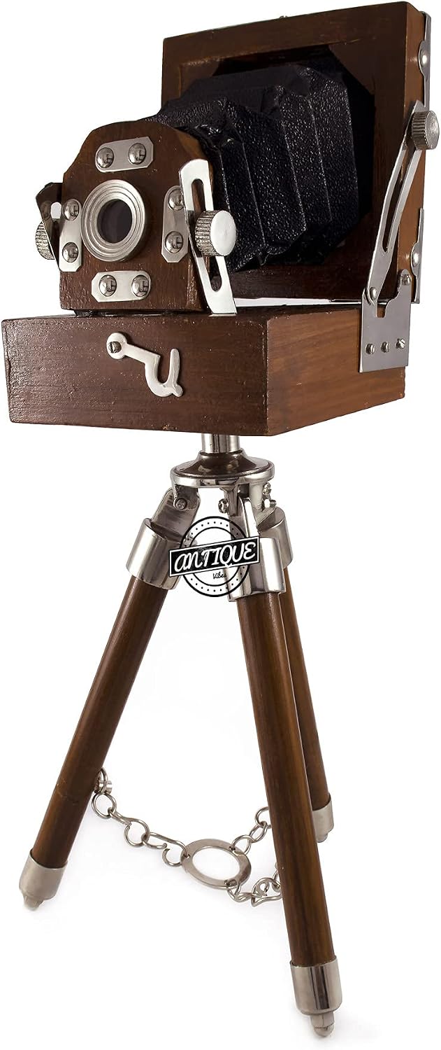 Vintage Style Photography Camera, Wooden Tripod Stand, Table Top Collectible Studio, Desk Decorative Antique Film Model Camera, Premium Home Decor, for Collector