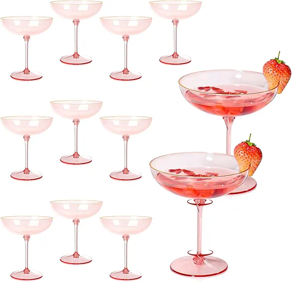 Detachable Martini Glasses 9oz Plastic Pink Champagne Coupe Glasses Gold Rim Hand Blown Vintage Cocktail Glassware Set Unique Martini Glass For Wine Wedding (12, Clear Pink)