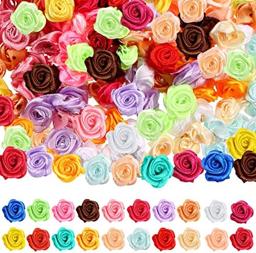 300 Pcs Mini Satin Ribbon Roses, Small Fabric Flowers for Crafts DIY Satin Flower Cute Tiny Craft Roses Mini Flower Embellishments Rosettes Applique for Sewing Wedding Gift Wrapping Decor (Multicolor)