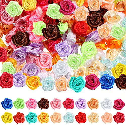 Weysat 300 Pcs Mini Roses for Crafts 15 mm Mini Small Satin Ribbon Roses Flowers Artificial Tiny Fabric Flowers DIY Sewing Rosettes Applique Embellishments for Wedding Gift Wrapping Decoration