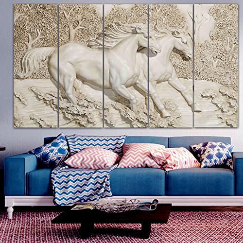 Image of Maxstone Horses Wall Painting for Living Room Big Size - Running Horses Painting Vastu for Bedroom, Office, Hotel - Wall Decor Digital Painting Wooden Framed for Gifting (30x60inch) M1334