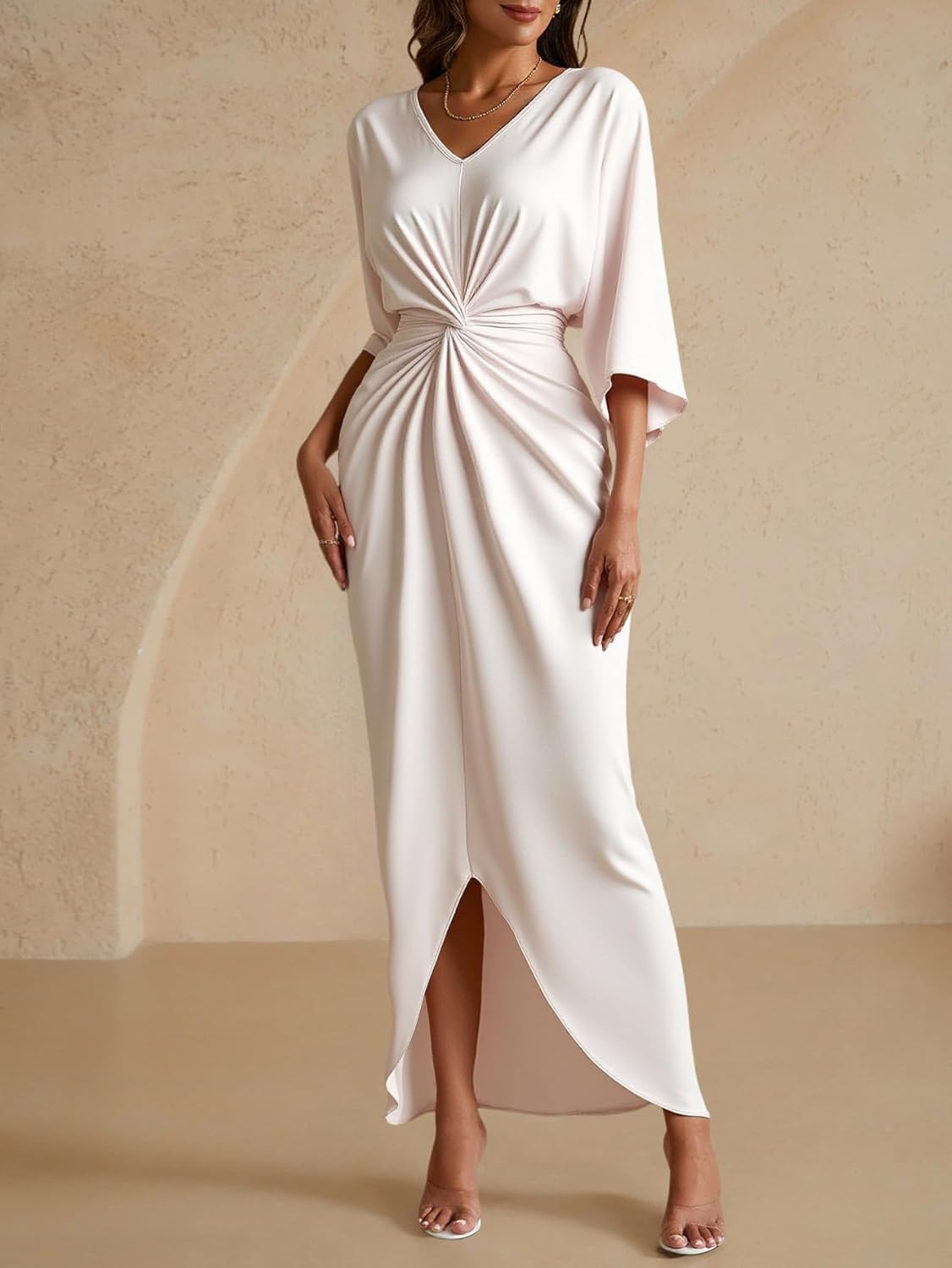 Women's Twist Front 3/4 Sleeve Dress Elegant V Neck High Low Bodycon Maxi Cocktail Evening Dresses - Image 5