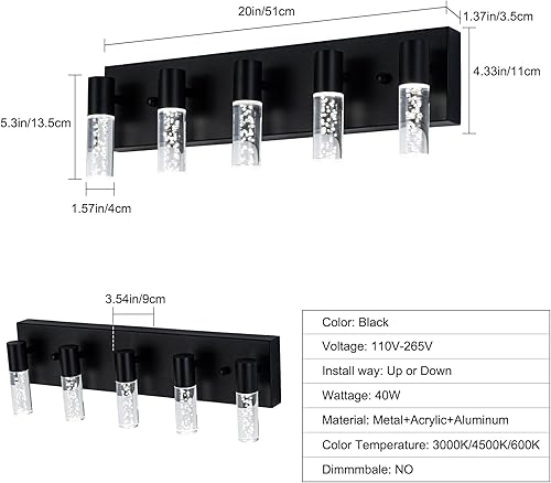 Miniatura 5 de Lámpara LED de tocador de 5 luces en color negro - Iluminación moderna de baño, iluminación sobre espejo  Temperatura multicolor 3000K4000K6000K