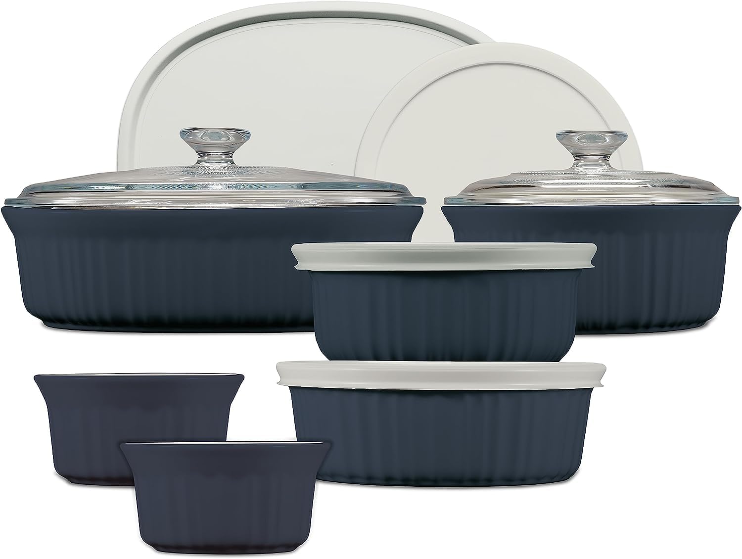 CorningWare Ceramic Bakeware Set with Lids Chip and Crack Resistant Stoneware Baking Dish, Microwave, Dishwasher, Oven, Freezer and Fridge Safe, 12-Piece French Navy