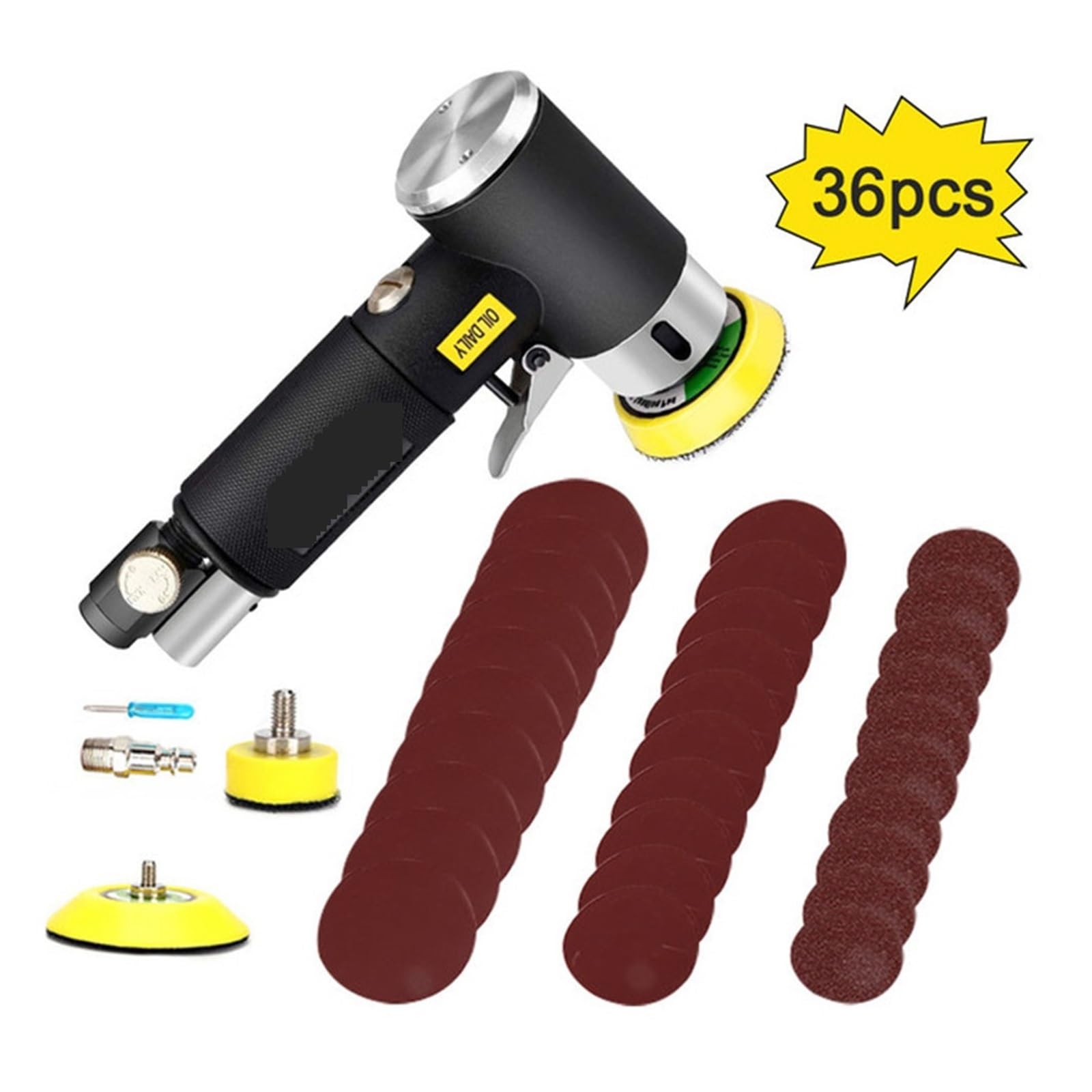 Lijadora de aire orbital aleatoria de 1/2/3 pulgadas, Mini rectificadora neumática for abrillantado for coche, pulidora de lijado accionada en varias superficies(Black Sander 36pc)