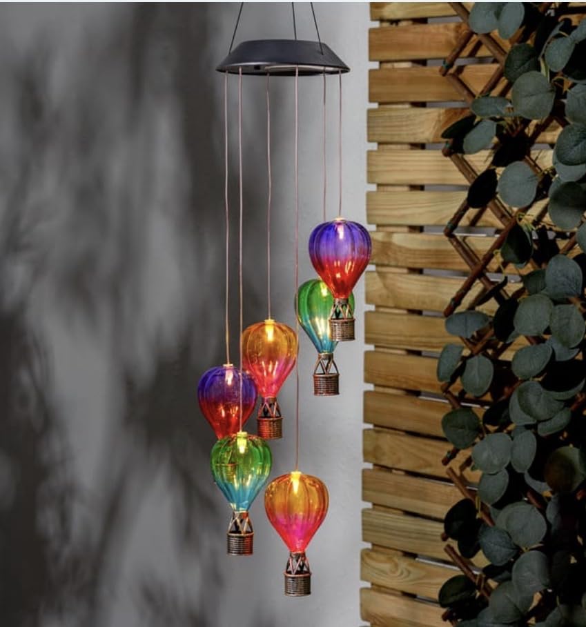 Solar Hot Air Balloon Wind Chime, Colorful LED Garden Light, 82cm Height, Automatic Dusk Sensor, Rechargeable Battery