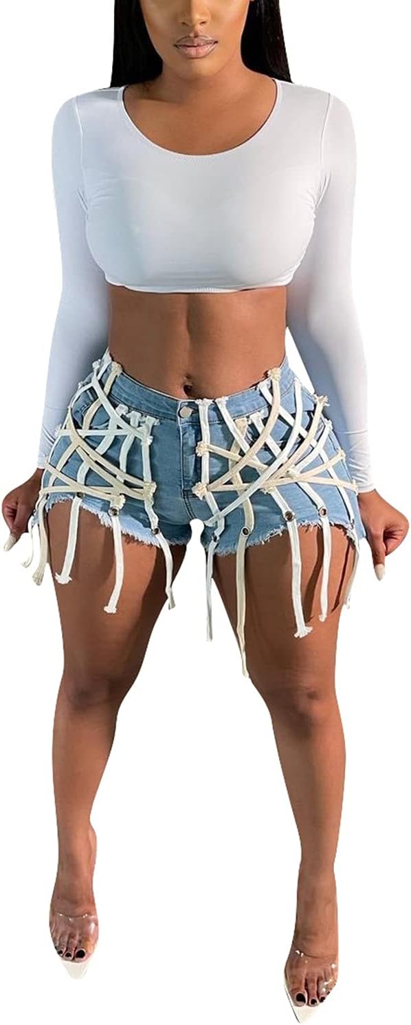 SIAEAMRG Jean Shorts for Women Juniors, Summer High Waisted Stretchy Frayed Raw Hem Tassels Denim Shorts - Image 2