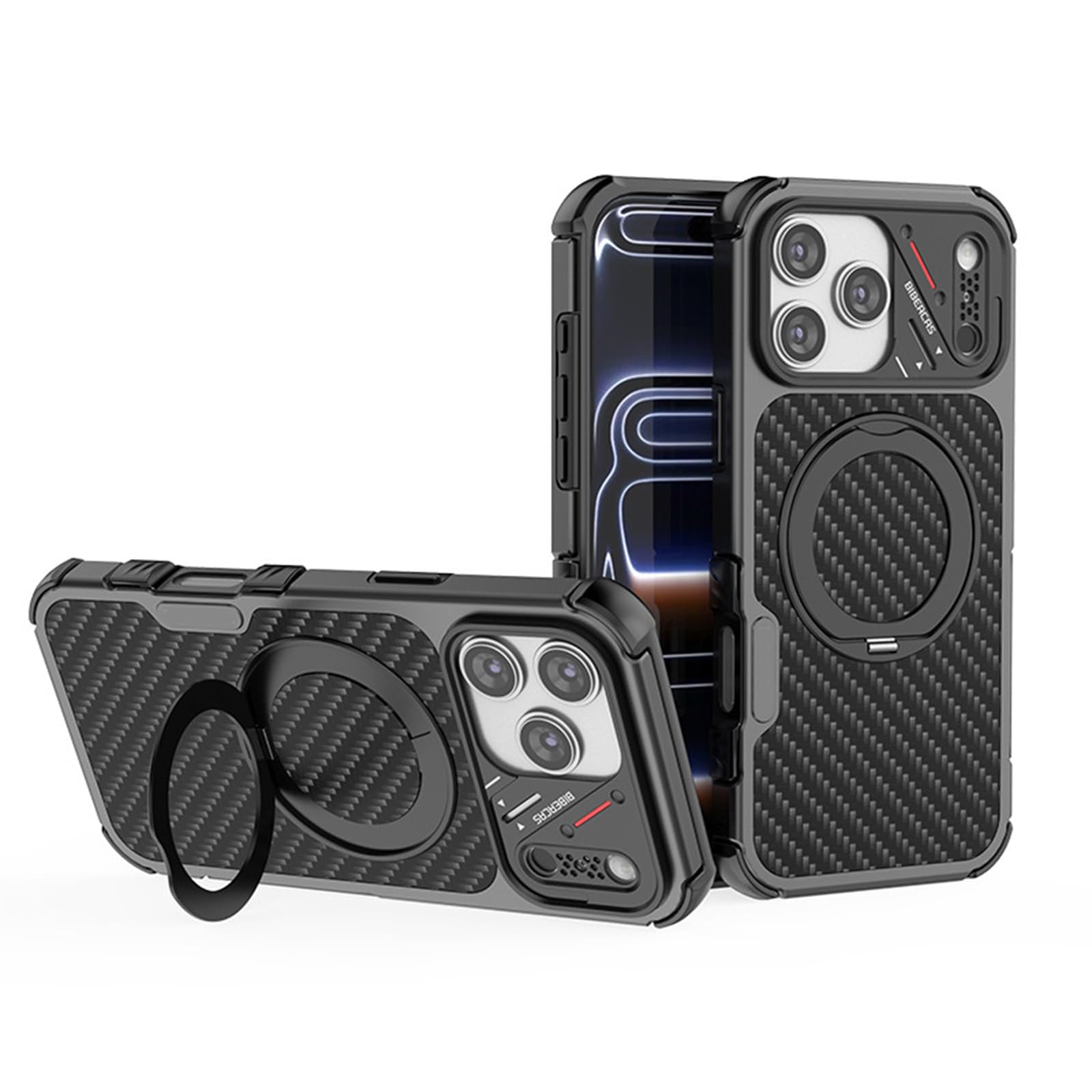 Coque magnétique iPhone 17 Pro avec anneau rotatif et dos carbone