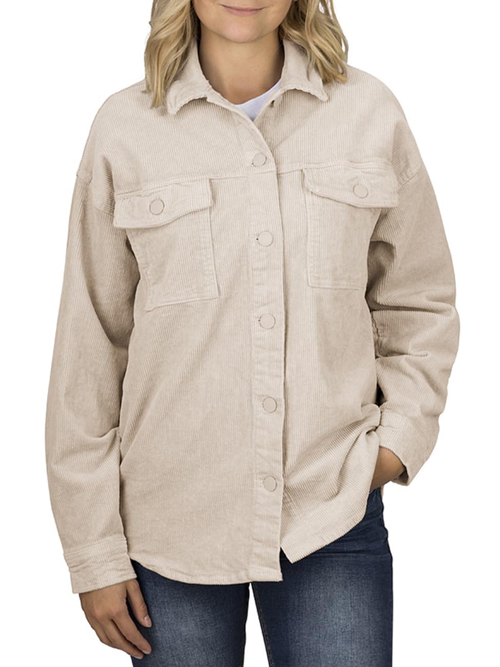 DENIMFY DFSophia koszula damska, oversize, z długim rękawem, sztruksowa, kurtka, koszula, bluzka, koszula rekreacyjna, kieszenie, guziki, jednokolorowa, niebieska, beżowa, zielona, S M, L, XL