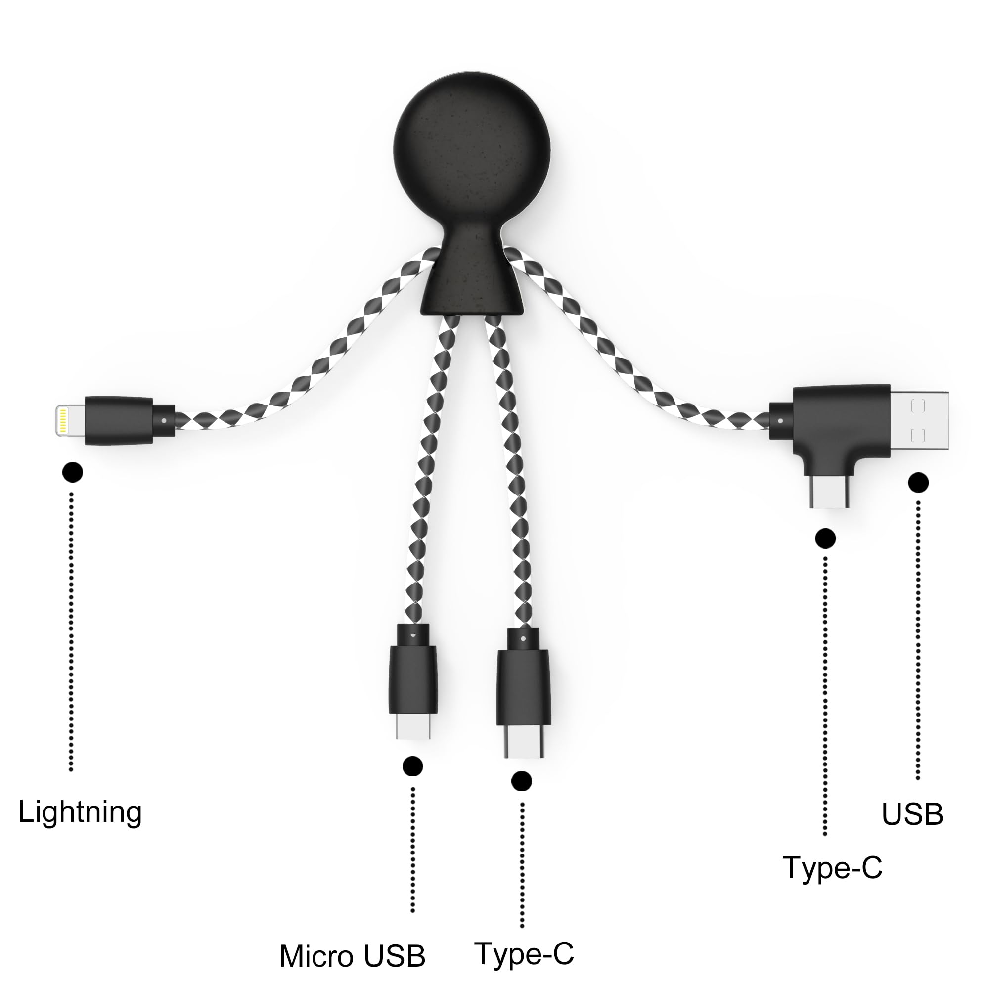 Xoopar - Mr Bio 4w1 kabel Multi USB w kształcie czarnej ośmiornicy - uniwersalna ładowarka z tworzywa sztucznego z recyklingu - gniazdo USB, USB-C, Lightning, Micro USB do uniwersalnego smartfona