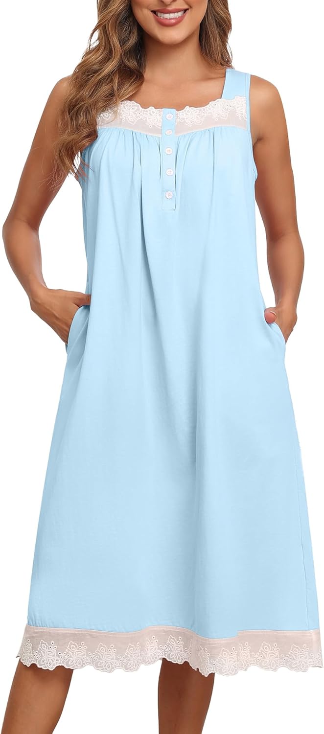 Bloggerlove Nightgowns for Women 100% Cotton Button Down Sleeveless House Dress Lace Moomoo Nightgown with Pockets