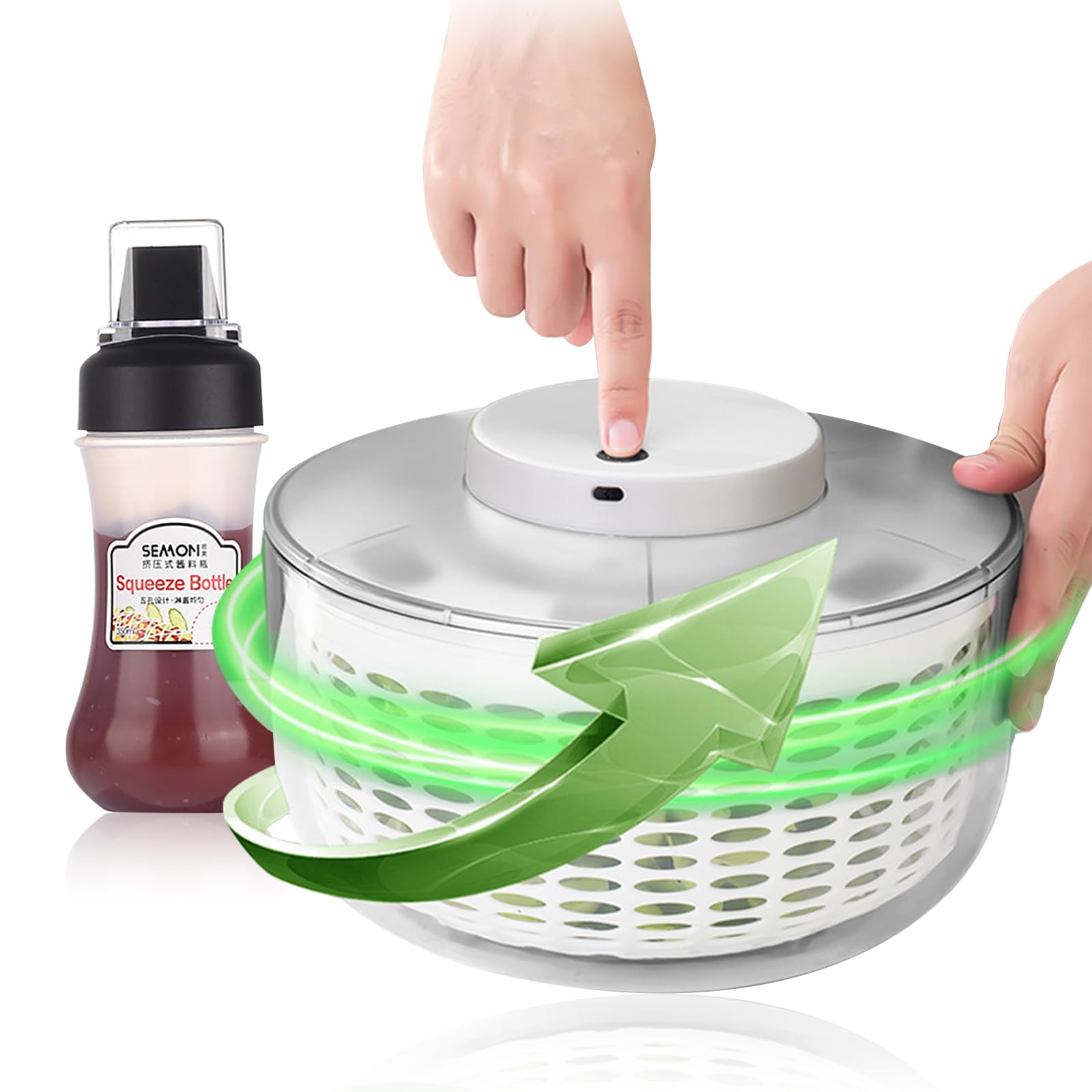 Centrifugador eléctrico de ensalada, 6 L, de gran capacidad, automático, para verduras, frutas, escurridor, escurridor, colador de lechuga de carga USB, con botella exprimible de 350 ml para la cocina