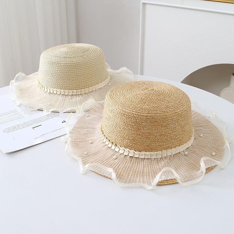 Sombrero de Paja de ala Ancha Ajustable para Mujer,con Visera y Encaje de Perla,Protección UV,Cómodo y Transpirable, Playa y Actividades Al Aire Libre