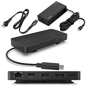 Lenovo USB-C Dual Display Travel Dock w/ 100W Power Adapter - 7 Ports, Integrated USB-C Cable, Universal Compatibility, Dual Displays at 4K - Black
