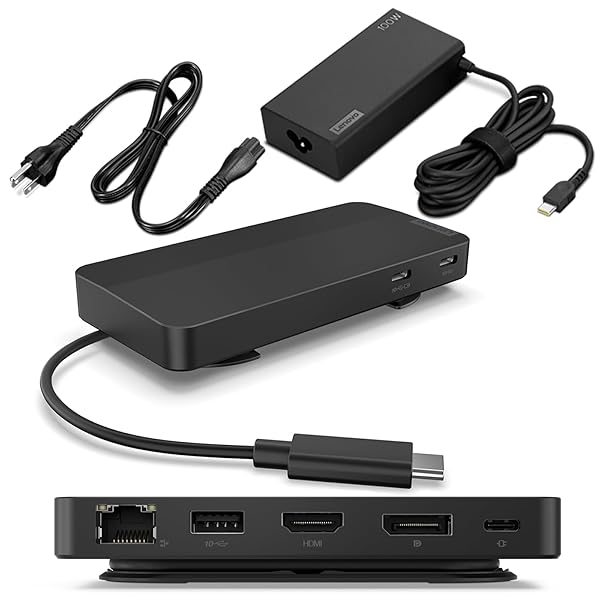 Lenovo USB-C Dual Display Travel Dock w/ 100W Power Adapter - 7 Ports, Integrated USB-C Cable, Universal Compatibility, Dual Displays at 4K - Black