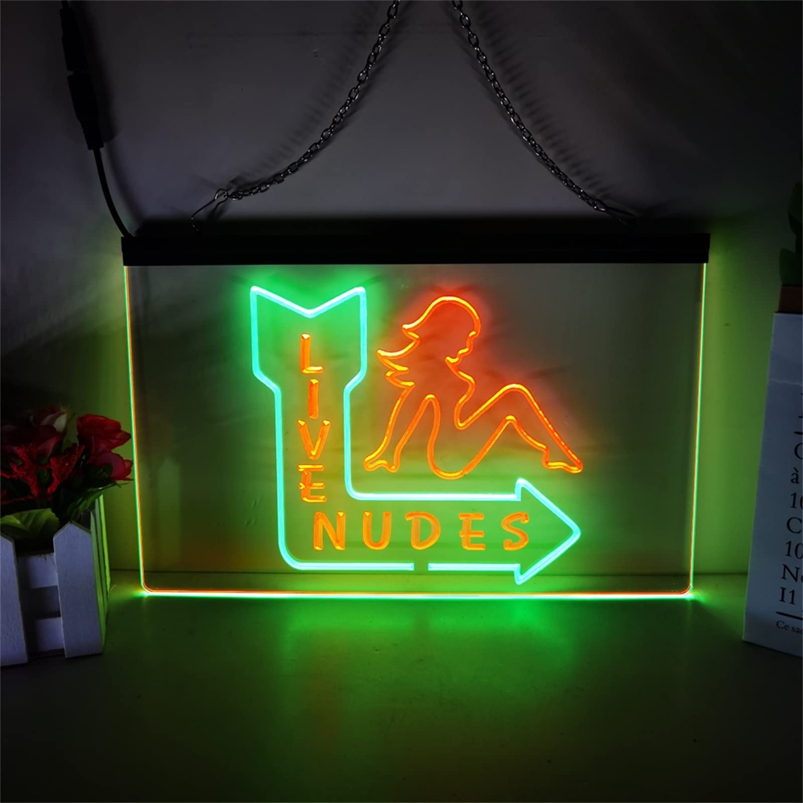 REWIS Sexy Girl Live Nudes LED Neon Sign, Custom USB Powered Dual Color 3D Engraved Neon Lights with Dimmer, for Bar Beer Party Wall Hanging Dimmable Decorative,Green Red,30x20cm