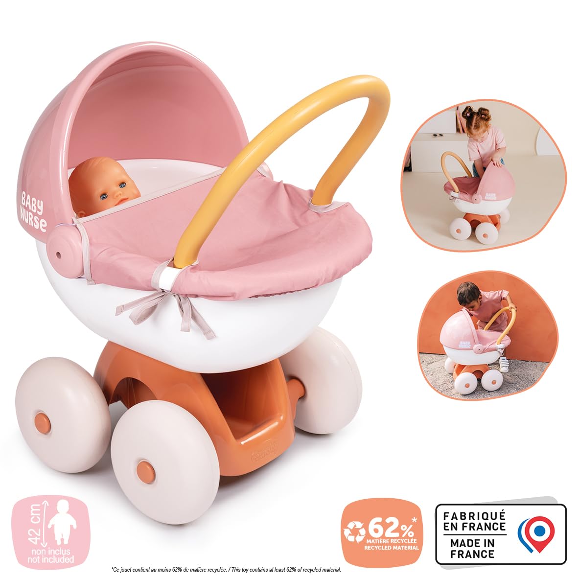 Smoby - Baby Nurse - Wózek przytulanka - dla niemowląt i lalek do 42 cm - Ciche koła - Kosz do przechowywania - Materiał z recyklingu - Od 18 miesięcy - Wyprodukowano we Francji