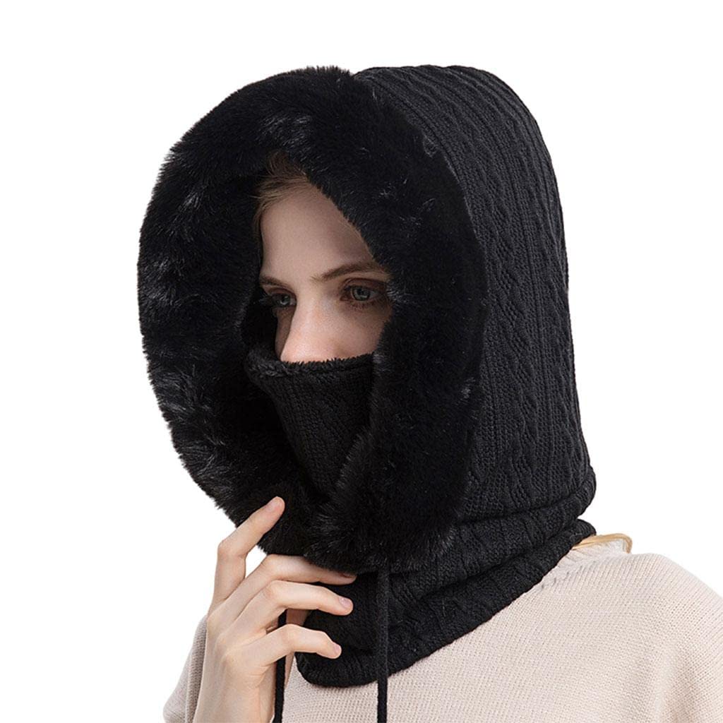 Womens Beanie Hat Scarf Mask Set Winter Knitted Warm Face Protection Black-image-11