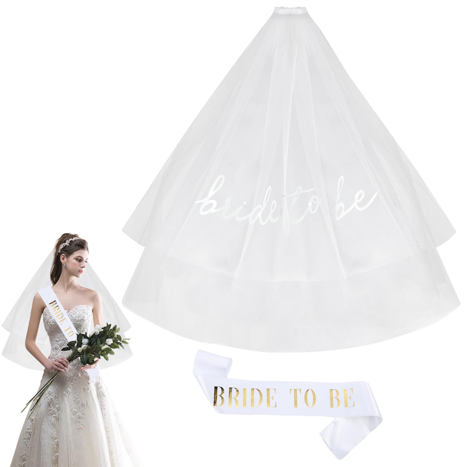Ślubny welon ślubny z napisem "Bride to Be" i wstążką, biały welon ślubny ze złotym nadrukiem - zestaw na wesele i wieczór panieński, idealny na sesje zdjęciowe dla nowożeńców