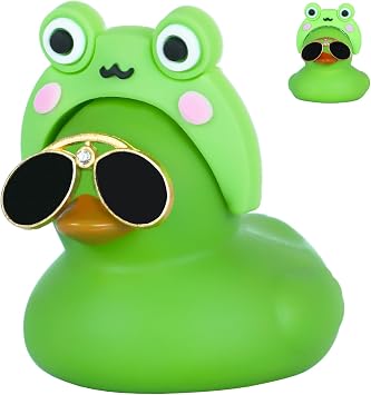 Duck Car Decor with Frog Hat & Diamond Sunglasses, Assemble Your Own Frog Rubber Duck Dashboard Accessory for Stress Relief & Home Decoration,Car Ornaments Green