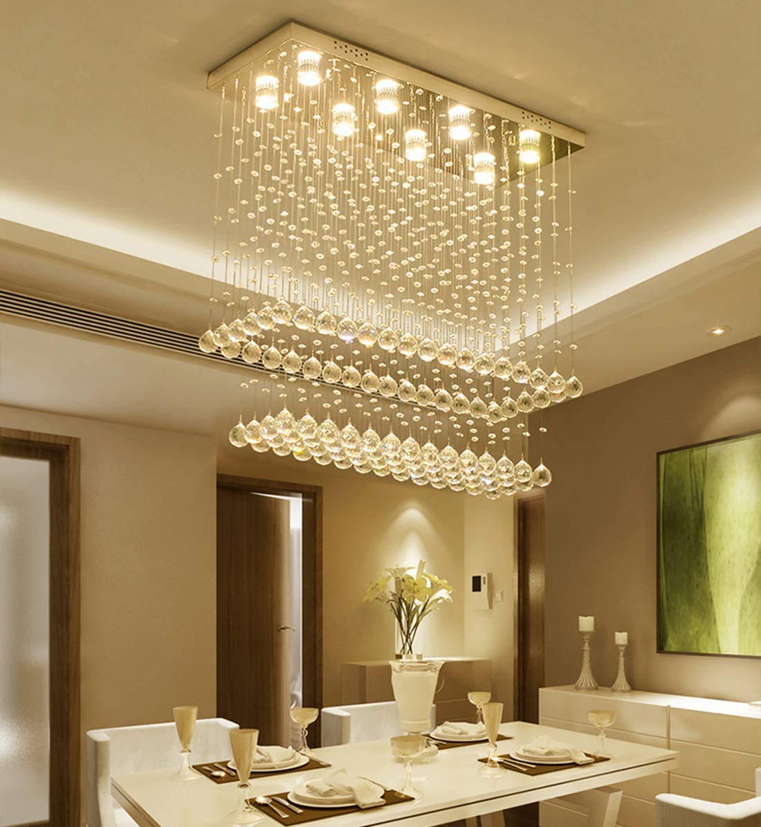 SiljoyModern Crystal Raindrop Chandelier 2-Tiers Pendant Lighting  Rectangular Flush Mount Ceiling Light Fixture for Dining Room Kitchen  Island Length