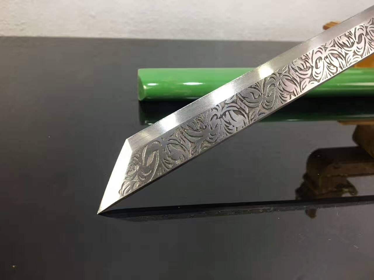 Chinese Sword,Tang dao(High Manganese Steel Etch Blade,Green Scabbard,Alloy Fittings) Full Tang,Length 39