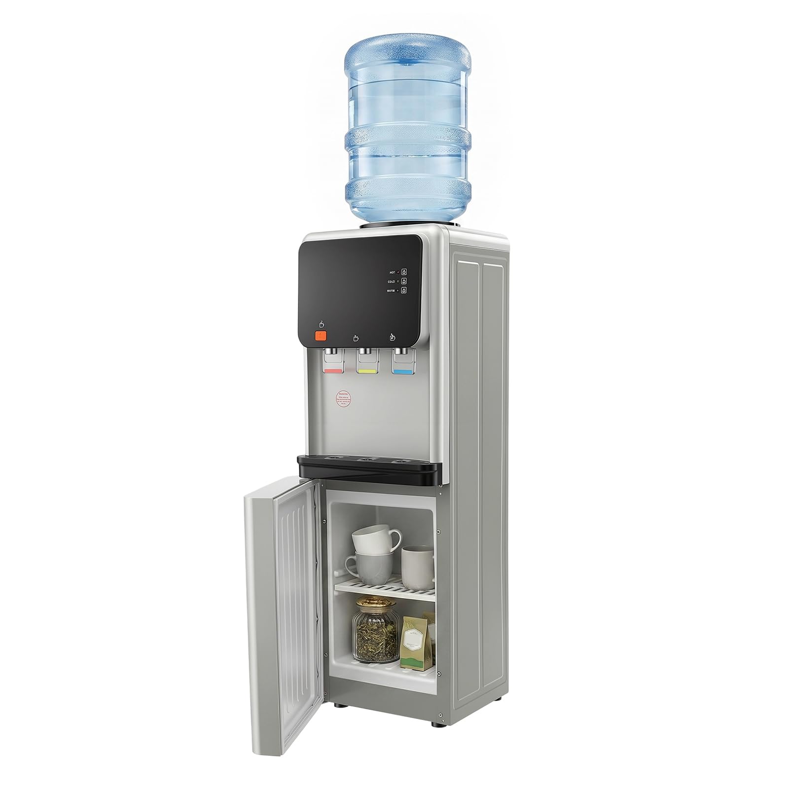 Dispensador de Agua eléctrico de pie, frío y Caliente de 10-95℃ de Doble función, con Armario de Almacenamiento, Carga Superior, Compatible con Cubos de Agua de 19L