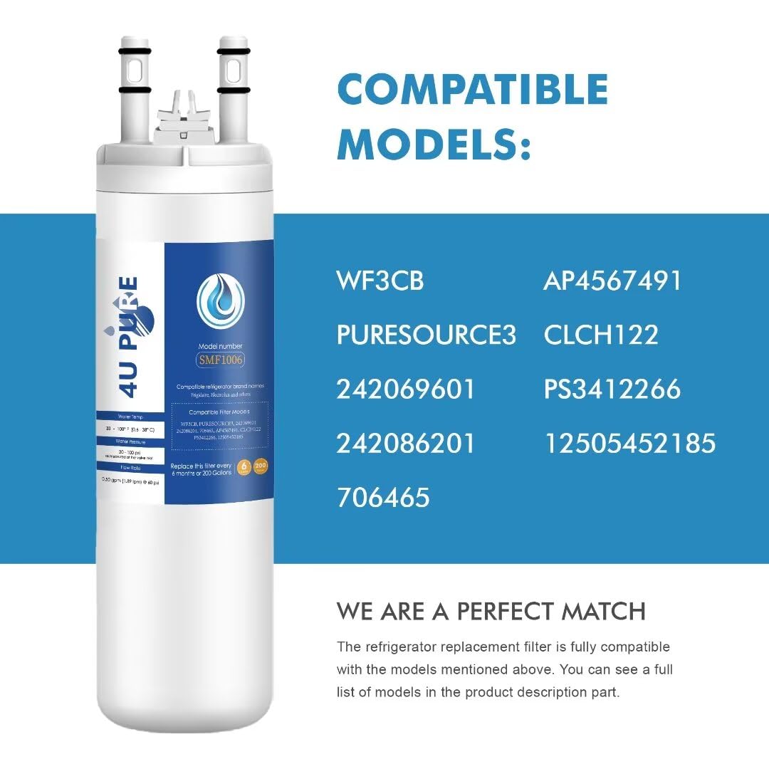 4U PURE Compatible con WF3 & WF425 Refrigerador Agua F/il/ter, compatible con 706465, 242069601, 242086201, 242017800, PS3412266, AP4567491, altura 9 pulgadas, 3 paquetes