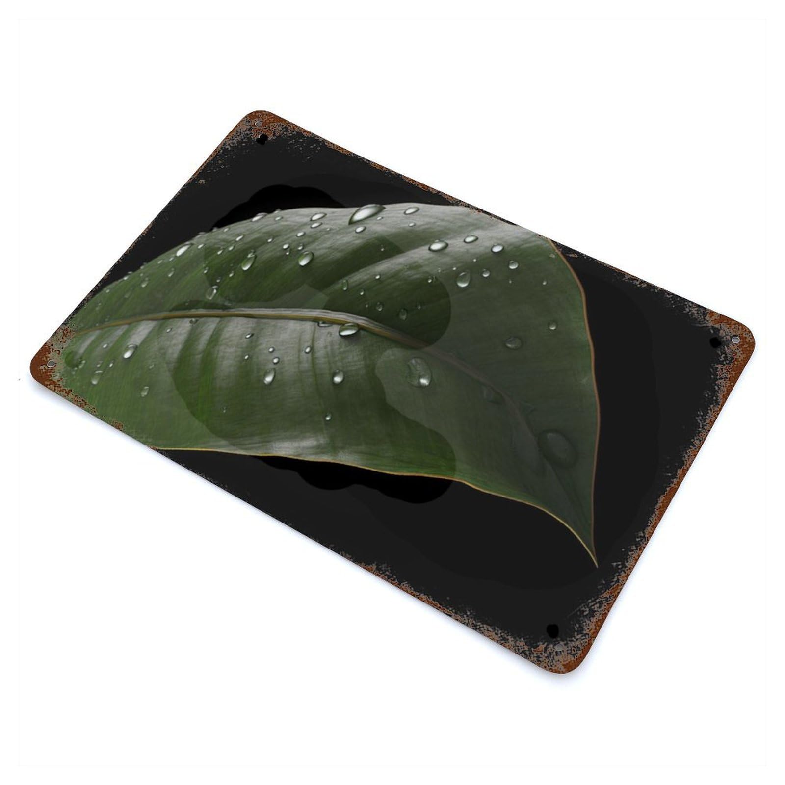 Rusty Metal Tin Sign Rainy Banana Leaf 11.8"x7.9", Industrial Home Decor for Patio, Garden Room And Bar Decor