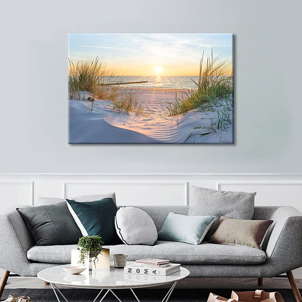 TISHIRON Wall Art Sandy Beach Sunrise Pictures Painting on Canvas Wall Art Modern Framed Seaside Canvas Prints Ready To Hang(24X16in) — view 4