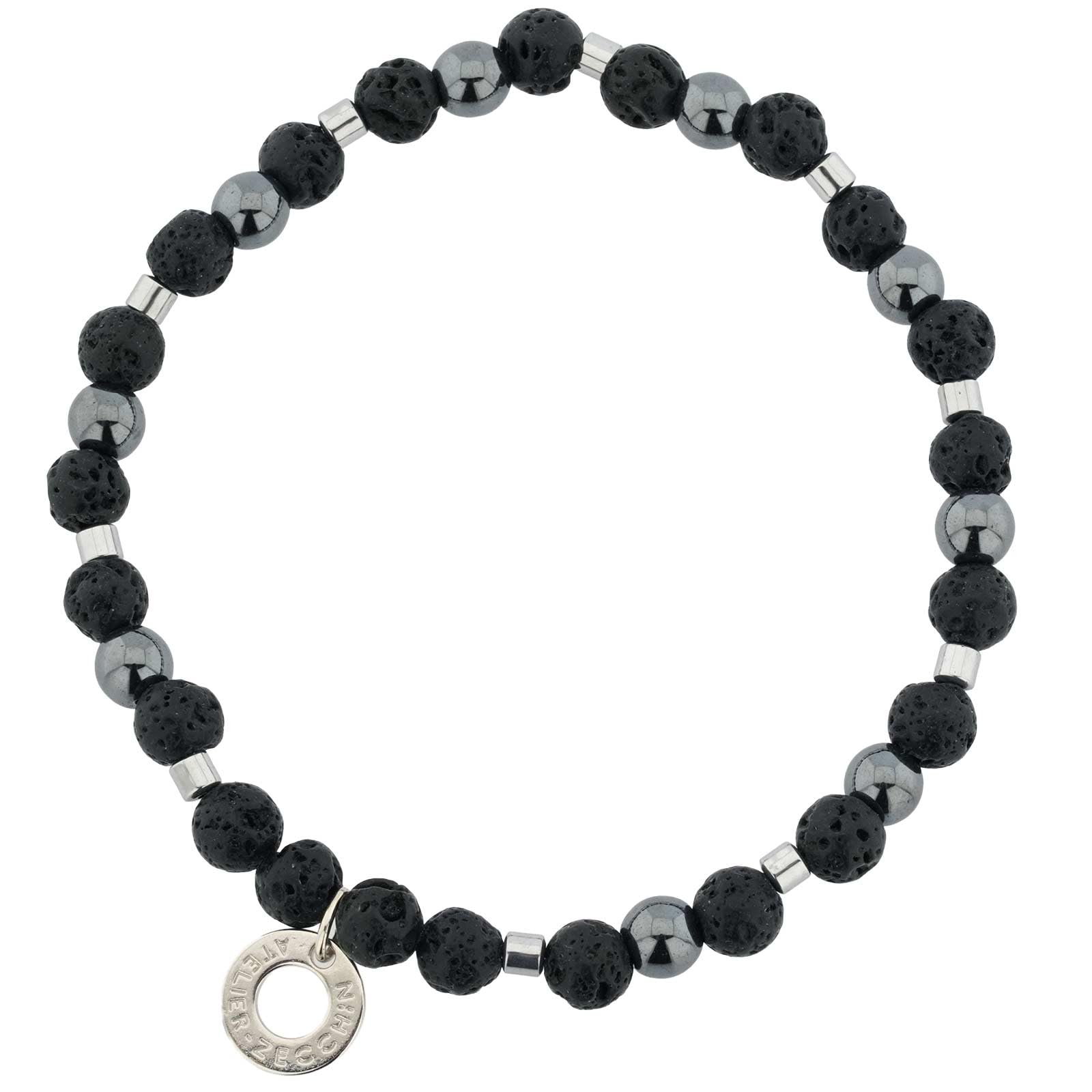 GlassOfVenice Bracciale Elasticizzato con Perline Italiane in Vetro di Murano dell'Etna in Vetro di Venezia - Nero e Grigio Argento per Uomo e Donna