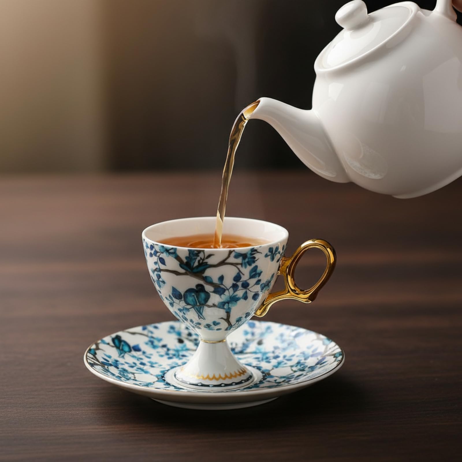 harayaa Juego de Tazas de Té con Platillos Tazas Platillos Cucharillas Cerámica con Florales y Aves Tono Dorado 220 Ml Adecuado para Té Sala de Estar Colección Regalo