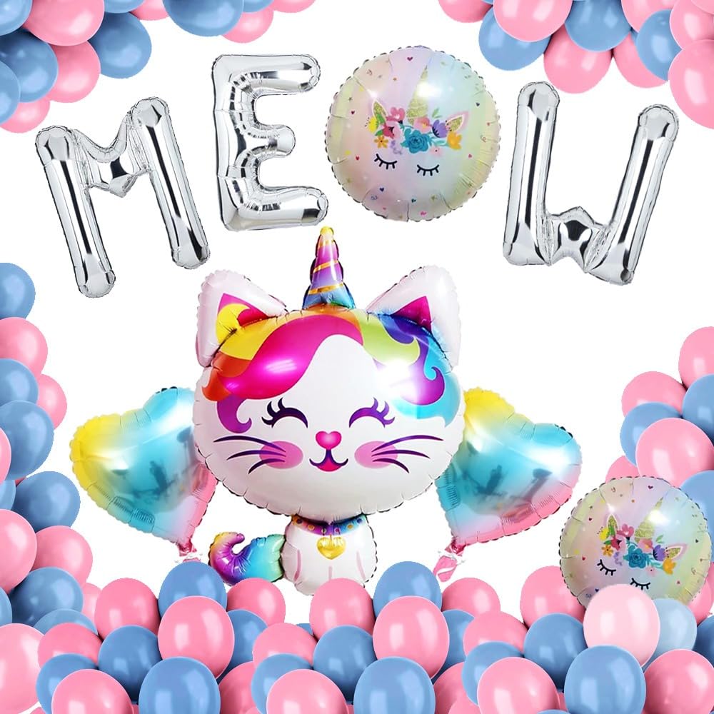 58Pcs Rainbow Unicorn cat foil balloon with Silver Alphabets (M,E,W) For Cat Theme Birthday Decoration|Birthday Decor for Girls |Fancy Rainbow Kitty Balloons for Bday or Baby Shower.