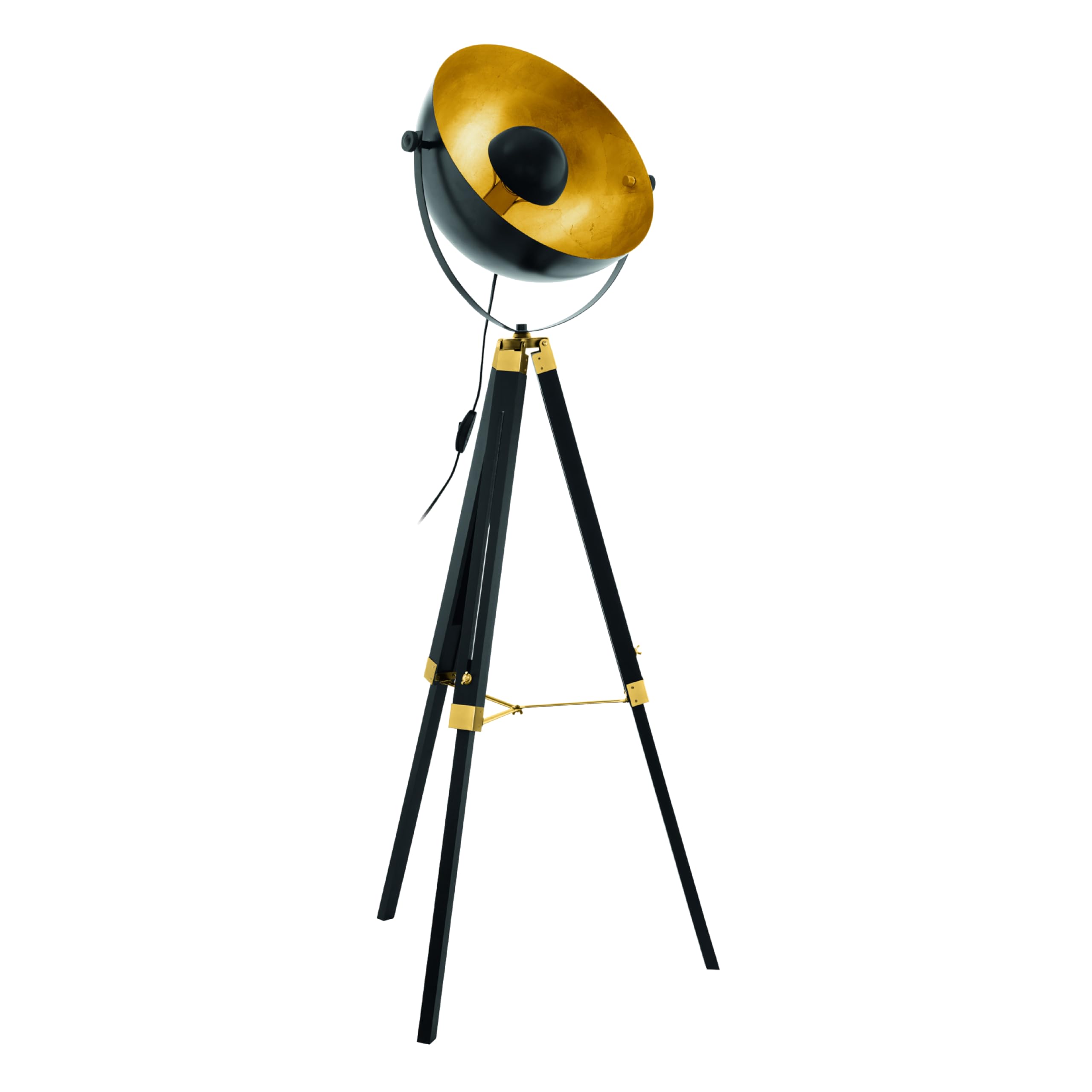 EGLO Stehlampe Covaleda, Stehleuchte Industrial | Vintage Standleuchte aus Holz und Stahl, Wohnzimmerlampe in Schwarz, Gold und Messing, Lampe mit Schalter, E27 Fassung