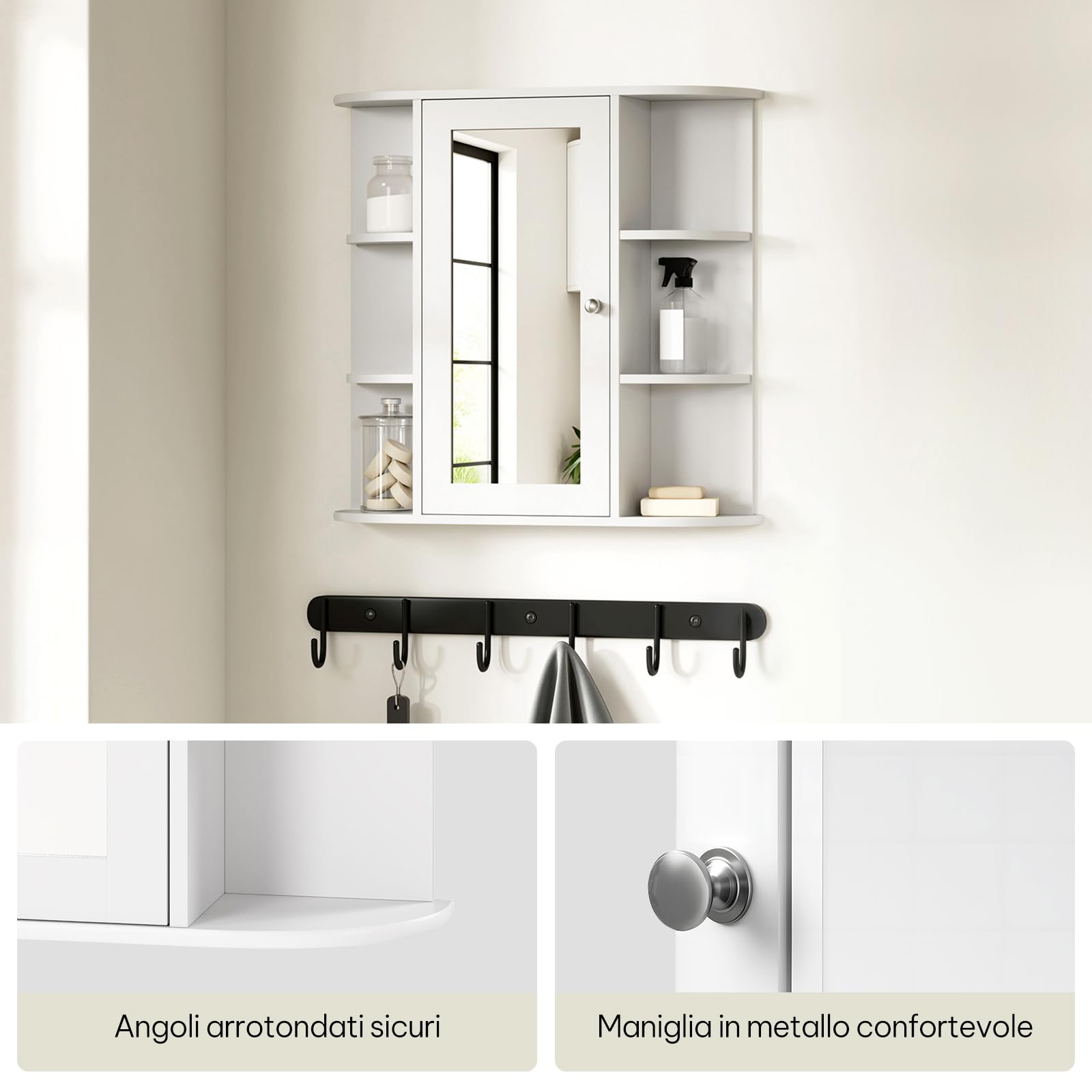 eSituro Armadietto Bagno con Specchio a Ante e Ripiani Regolabili Contenitore Armadietto a Muro, Bianco, 60x58x16cm