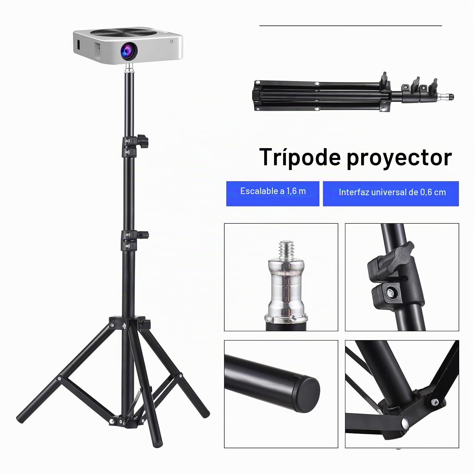 Docooler Soporte universal para proyector con trípode, soporte extensible para proyector, soporte portátil de aleación de aluminio, interfaz de 1/4 de pulgada, ajustable en altura para proyector LCD
