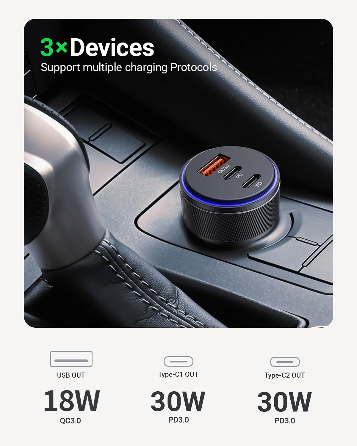 Cargador de coche USB-C, cargador rápido de coche de 3 puertos de 90 W, adaptador de corriente dual USB-C y USB-A, carga rápida PD3.0 y QC3.0 para iPhone 15/14/13 Pro Max, iPad, MacBook y más
