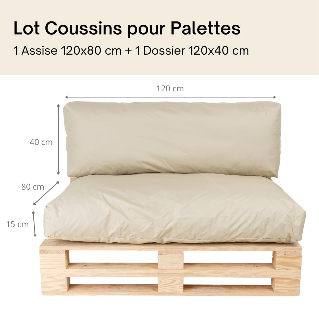 bananair Coussins Palettes Déhoussables, Tissu Imperméable et Anti-UV – Set 1 Assise 120x80 cm + 1 Dossier 120x40 cm (Beige)