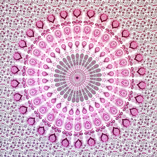 MOMOMUS Tenture Murale Mandala – Art Mural Ethnique – Tapisserie Murale Mandala, Toile Murale et Tissu Déco pour Yoga - Blanc et Rose, 135 x 210 cm