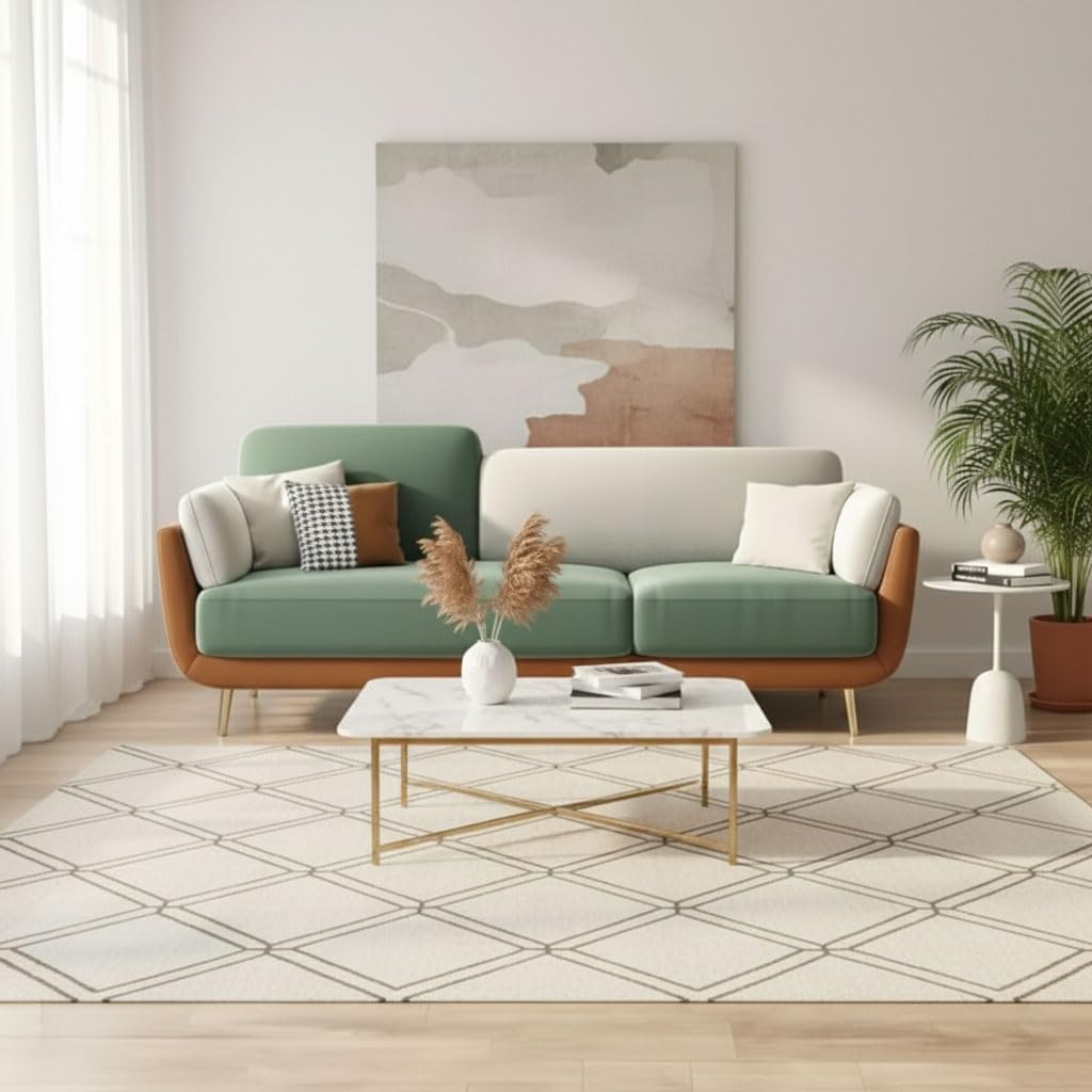 APRODZ Luxelle Earthy Colourblock 3-Seater Sofa – Sage Green, Beige & Tan Fabric Couch | Gold Metal Legs | Removable Cushions | Stylish Modern Sofa for Living Room-image-15